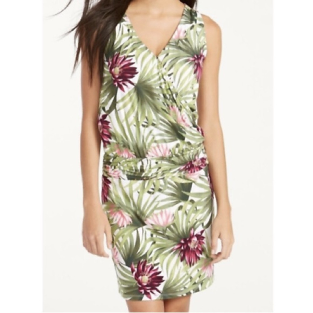 Tommy Bahama Green Palm & Pink Floral V-Neck Mini Dress
